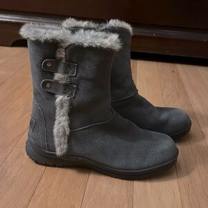 Minnetonka | Mid Calf Boots | Gray Suede | Faux Fur Lining/Trim | women’s size 8